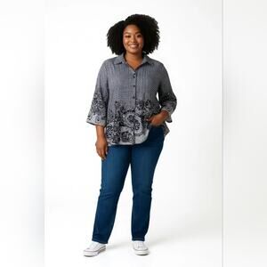 Fashion Bug Womens Black & White Bell Sleeve Blouse Size 4X Button Front Boho